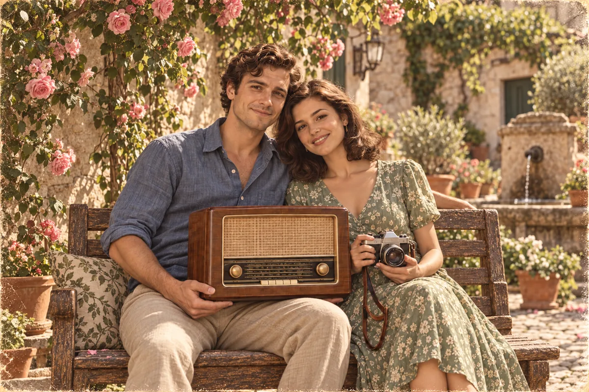 Claire and Martin together in a rose garden with a restored radio