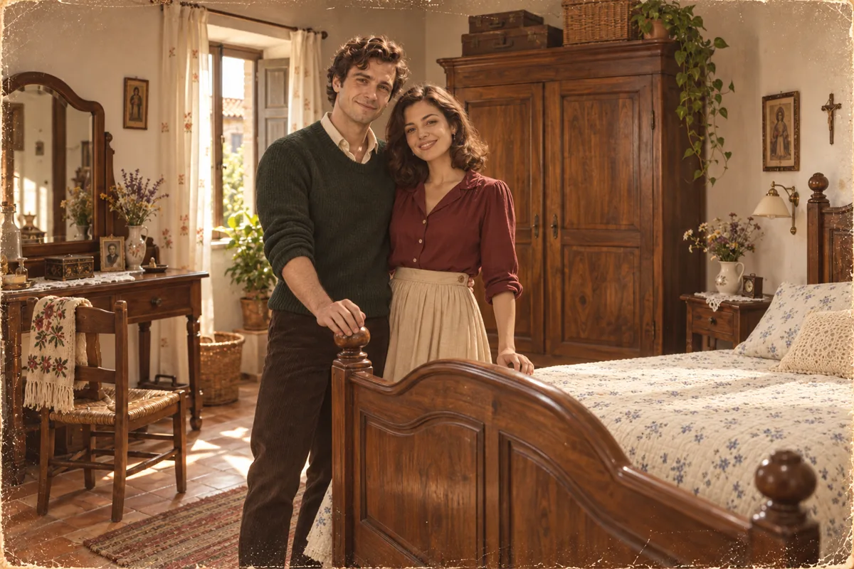 Claire and Martin beside a wooden bed in their first home
