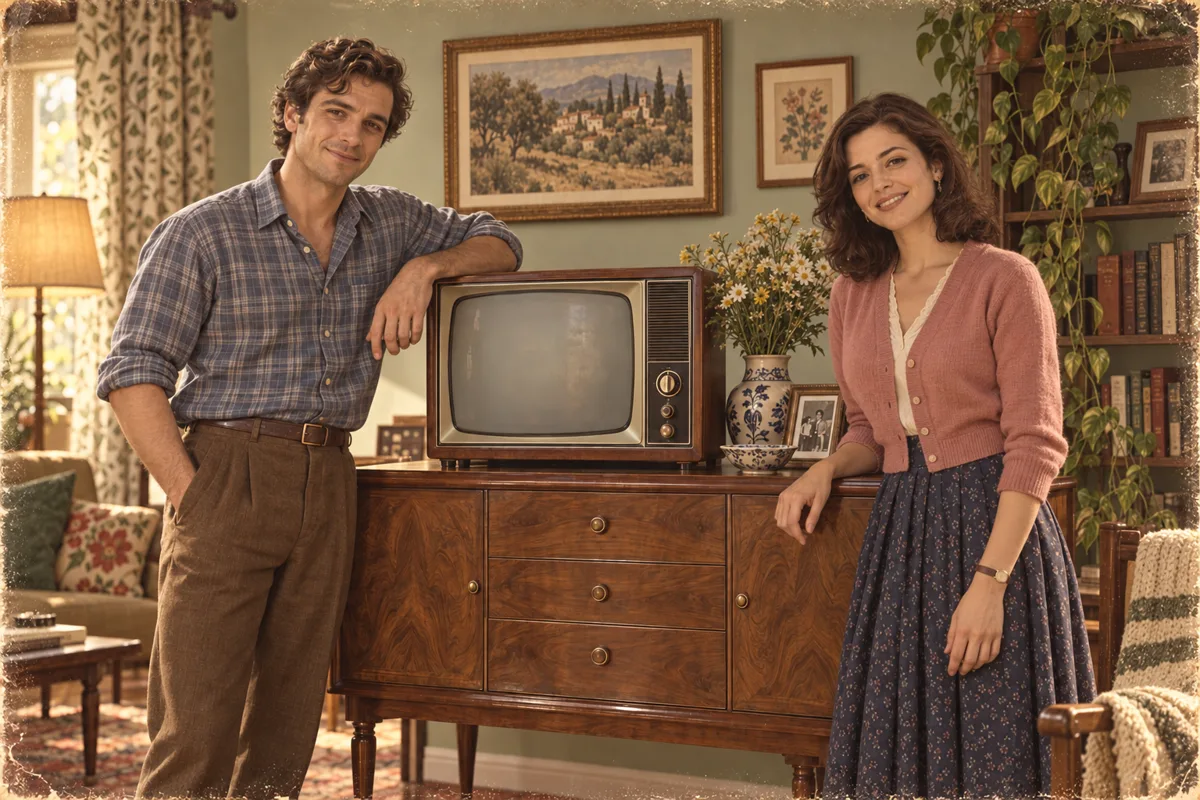 Claire and Martin beside an old television and restored sideboard