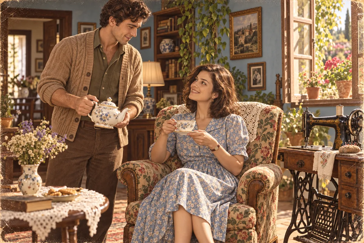 Martin brings tea to Claire beside her sewing machine