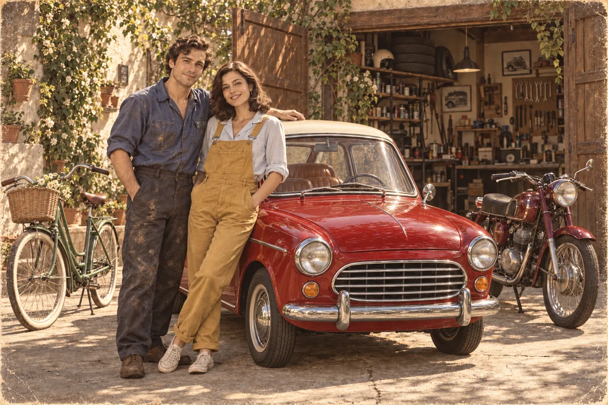 Claire and Martin outside their workshop with a bicycle, motorcycle and restored car