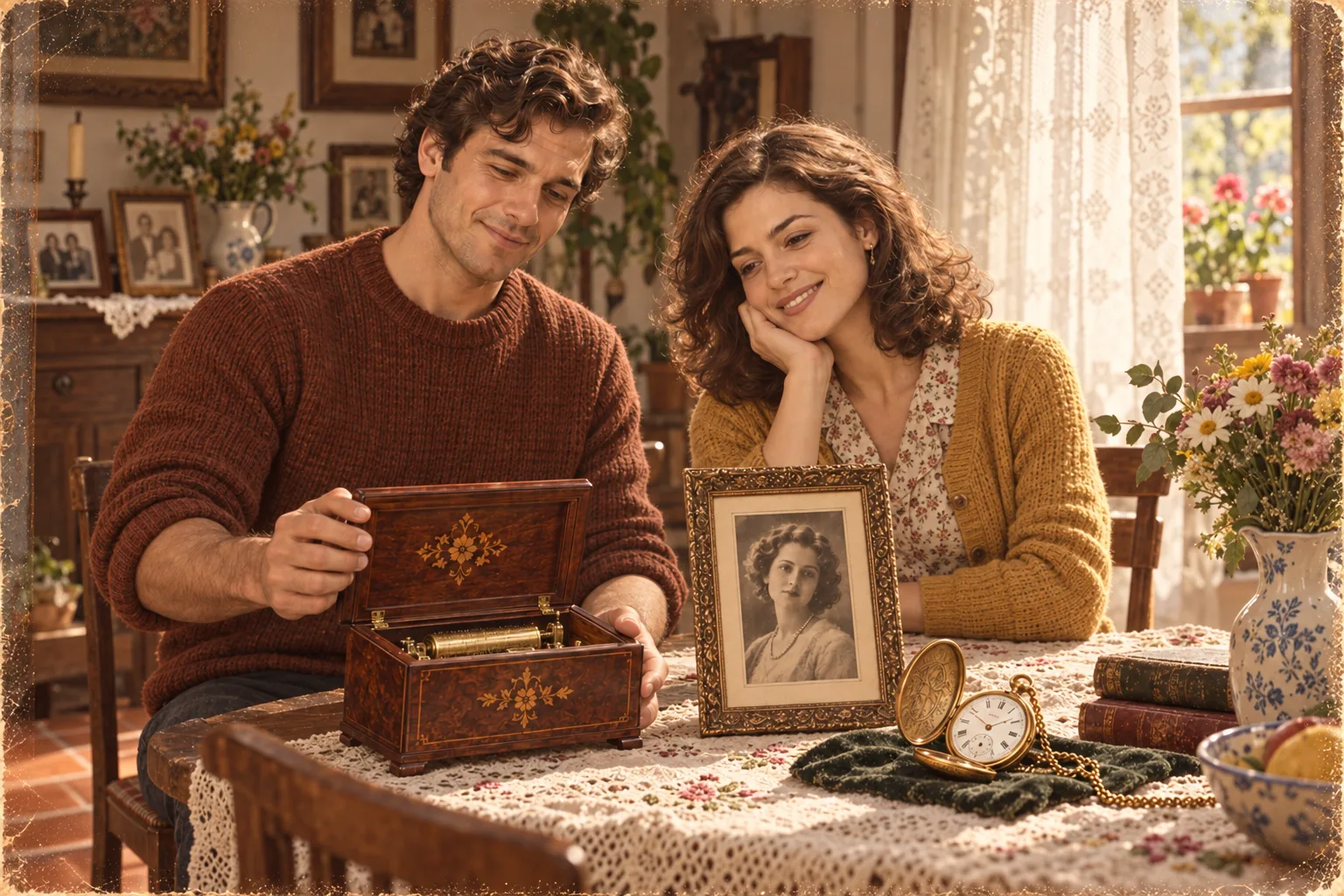 Claire and Martin looking at a music box and an old family photograph