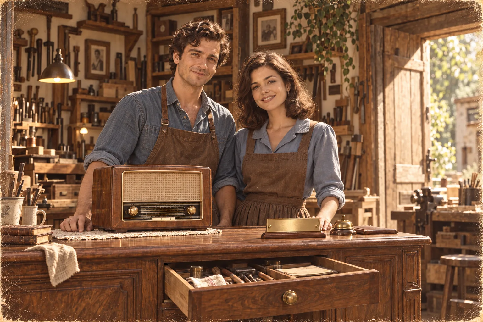 Claire and Martin together in their workshop beside a restored radio