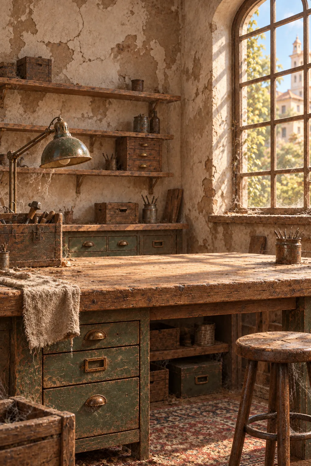 The workshop before restoration: dusty and neglected